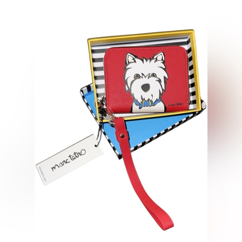 •MARC TETRO•NWT/NEW IN GIFT BOX DOG TERRIER WESTIE RED SMALL ZIP AROUND WALLET
